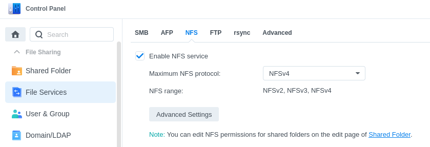 Image: DSM Control Panel - File Sharing